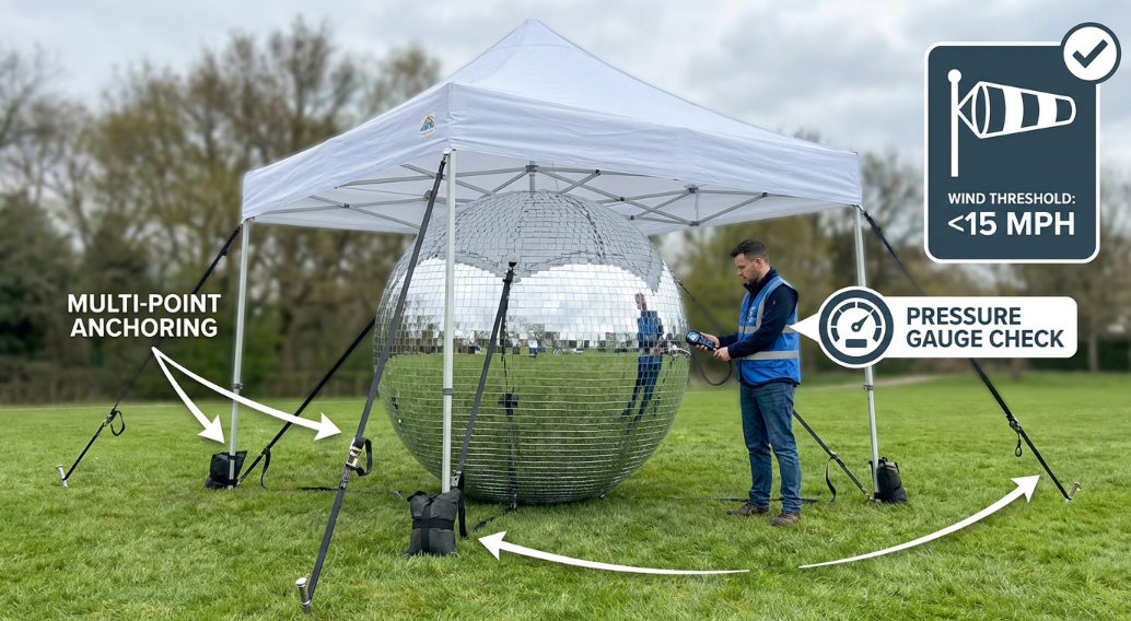 outdoor protection setup—ball under canopy, multi-point anchoring, pressure gauge check; clean infographic overlay with wind threshold icon