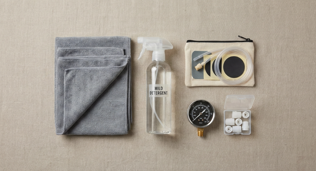 maintenance kit flat lay—microfiber cloths, mild detergent sprayer, patch kit, pressure gauge, spare valve caps; clean top-down, neutral colors