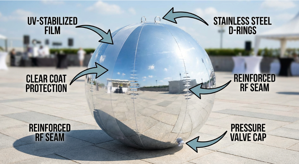 specification callouts on an outdoor-rated inflatable mirror ball; arrows pointing to UV-stabilized film, clear coat, reinforced RF seam, stainless D-rings, valve cap
