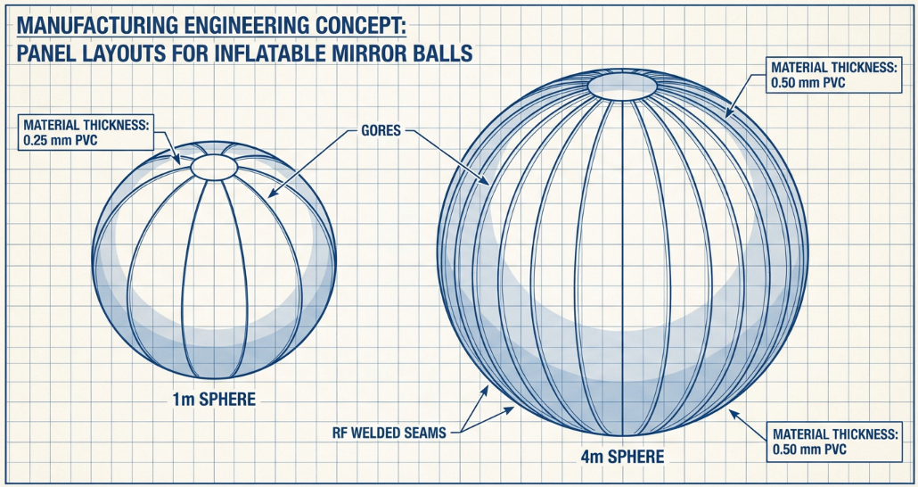 technical diagram showing panel layouts (gores) for different sphere sizes; 1m ball with 8 panels vs 4m ball with 24 panels; material thickness callouts, manufacturing engineering concept