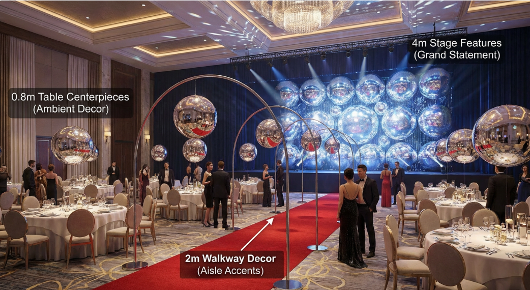 event hall rendering showing various mirror ball sizes; 0.8m table centerpieces, 2m walkway decor, 4m stage features; labeled with recommended uses