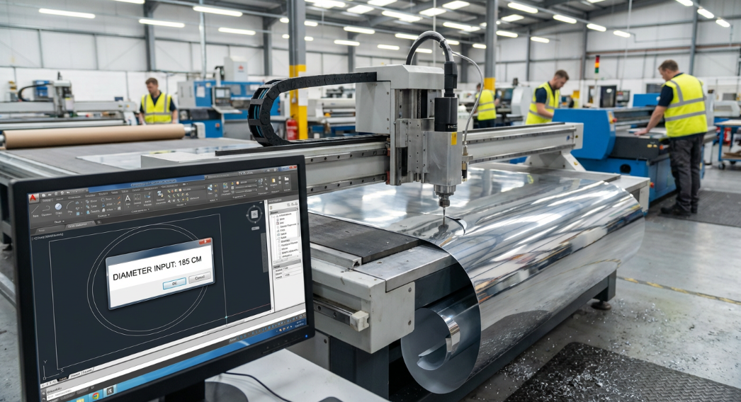CNC cutting machine slicing silver mirror film; CAD screen in foreground showing custom diameter input 