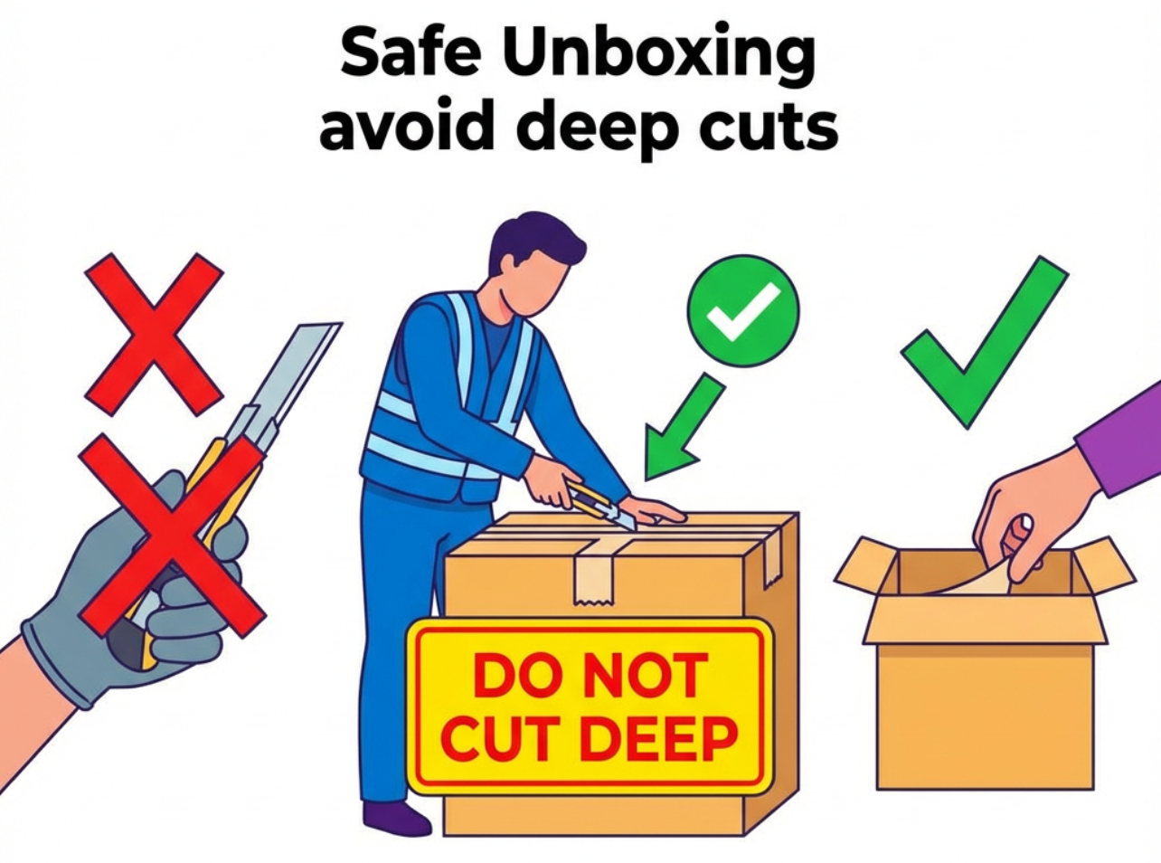 warehouse worker using a box cutter safely; red