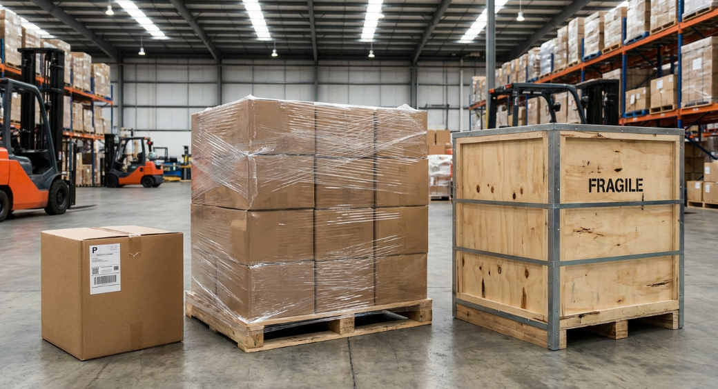 A warehouse logistics scene showing three packaging types side-by-side: a single cardboard box, a wooden pallet stacked with boxes wrapped in plastic film, and a sturdy wooden crate