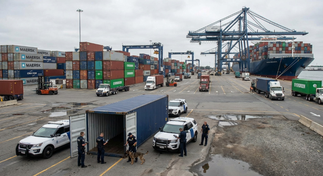 A busy U.S. port terminal with stacked shipping containers being inspected by customs officers, industrial logistics scene