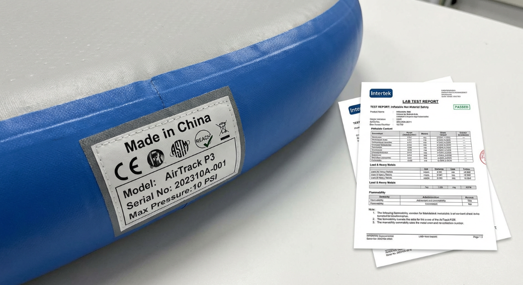 Close-up of a product label on an inflatable mat showing compliance markings and a 