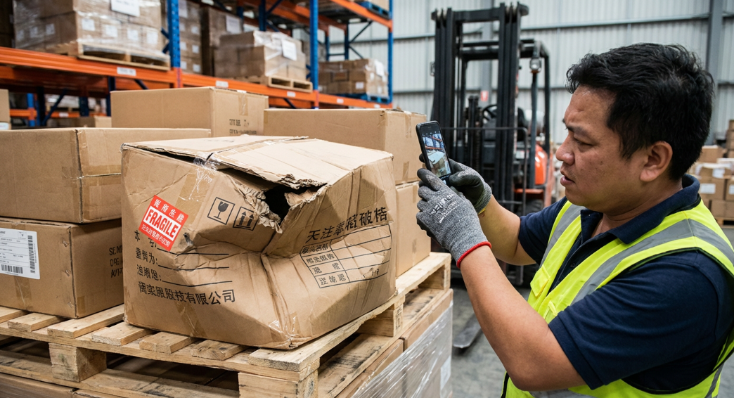 A warehouse worker taking a photo of a crushed cardboard box on a pallet using a smartphone, verifying damage before opening