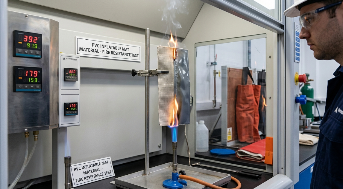 Laboratory flammability testing for inflatable gymnastics mat materials
