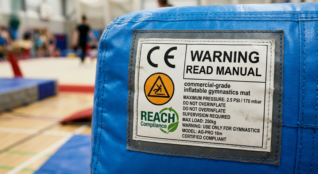 a commercial-grade inflatable gymnastics mat's safety warning and certification label