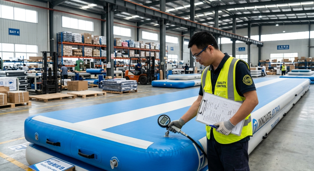 test a fully inflated, long blue and white Air Track mat