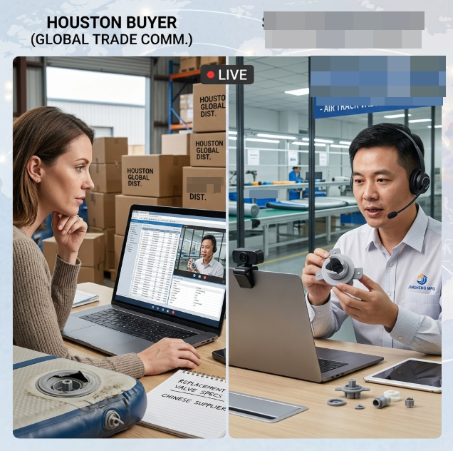 Buyer and supplier communicating via video call to resolve an after-sales service request.