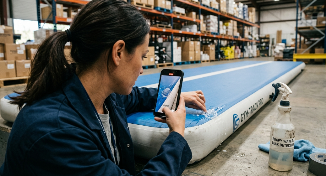 Warehouse manager documenting a seam leak on an inflatable mat for a supplier warranty claim.