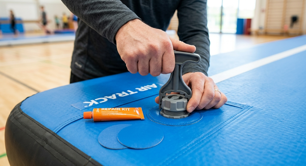 Using a valve wrench from a repair kit to perform maintenance on an inflatable gymnastics mat.