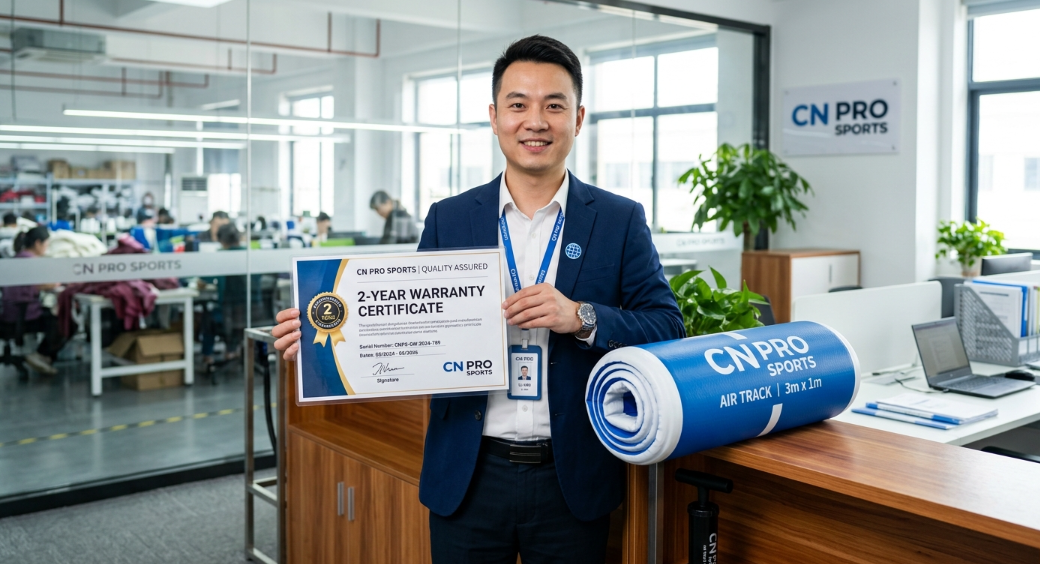 Factory representative displaying a warranty certificate for an imported inflatable gymnastics mat.