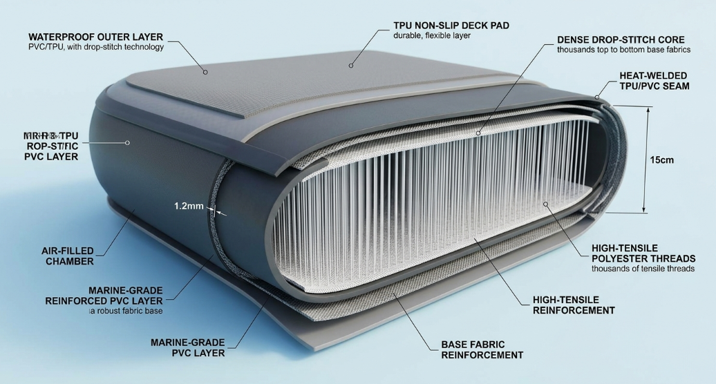 cross section of waterproof pvc and drop stitch technology for inflatable gymnastics mats