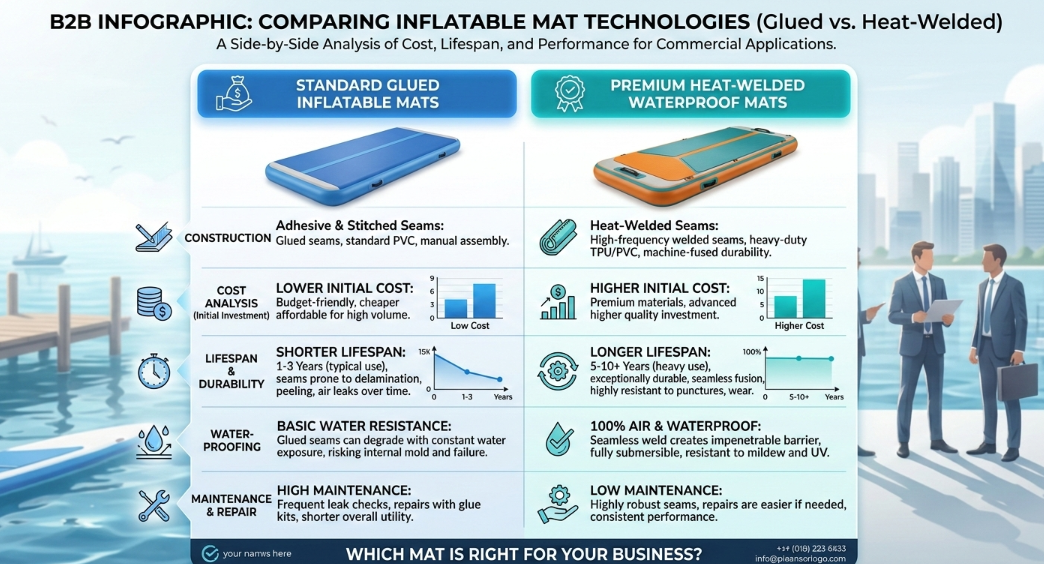cost comparison chart standard vs waterproof heat welded inflatable gymnastics mats