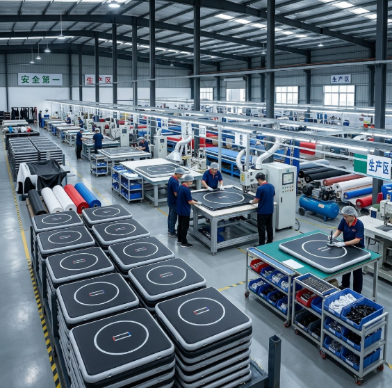 Inside a professional inflatable wrestling mat factory showing the manufacturing process