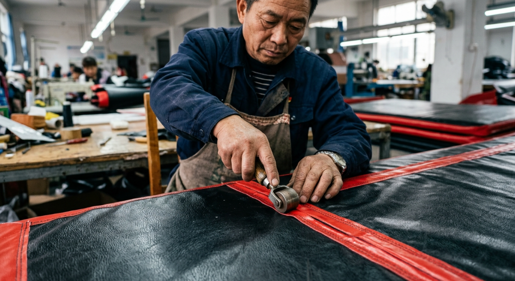 Experienced factory worker performing hand-seam reinforcement on a professional wrestling mat.