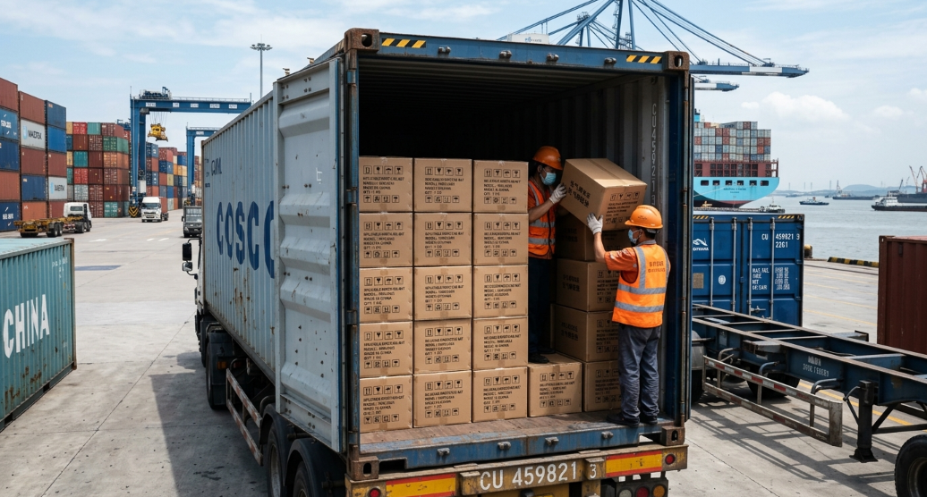 Bulk shipment of inflatable wrestling mats being loaded for export to Europe
