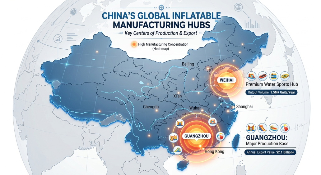 Map showing the primary manufacturing clusters for inflatable mats in China