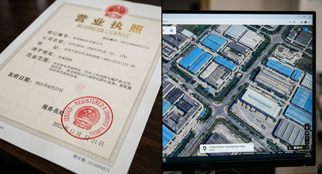 Verifying a Chinese factory address through official documents and satellite imagery.