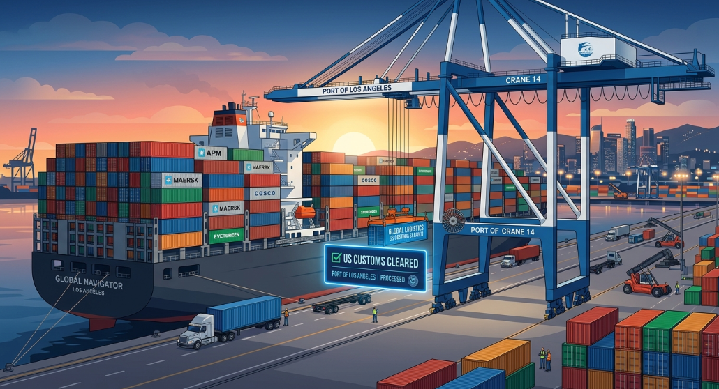 Cargo ship delivering shipping containers to a US port, symbolizing successful export and customs clearance for inflatable mats