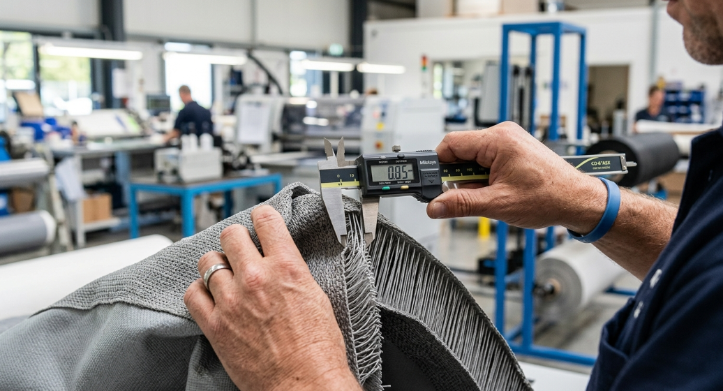 Factory quality control inspector measuring the thickness of premium Prop 65 compliant PVC drop-stitch fabric for an inflatable wrestling mat.