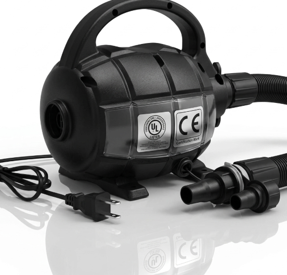 A heavy-duty electric air pump featuring strict UL and CE safety certification marks required for the US and EU markets