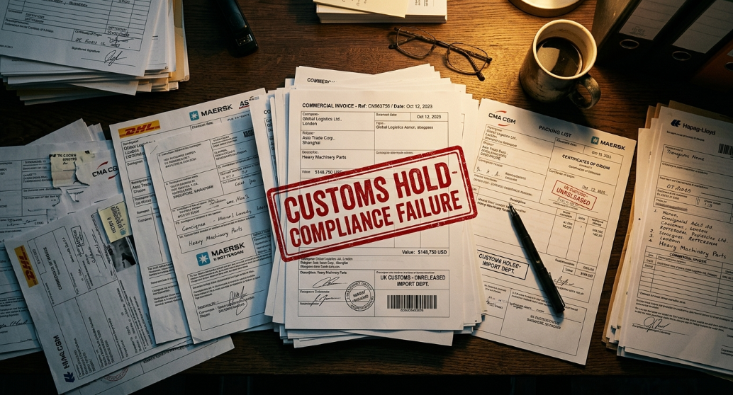 International shipping and import documents stamped with a red Customs Hold warning, representing the financial risks of using an inexperienced supplier.