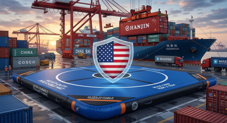 Inflatable wrestling mat protected by a US quality compliance shield, symbolizing high manufacturing standards for the American market.