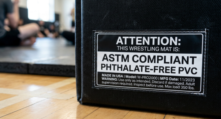 Close-up of safety and material compliance labels on a professional inflatable wrestling training mat.