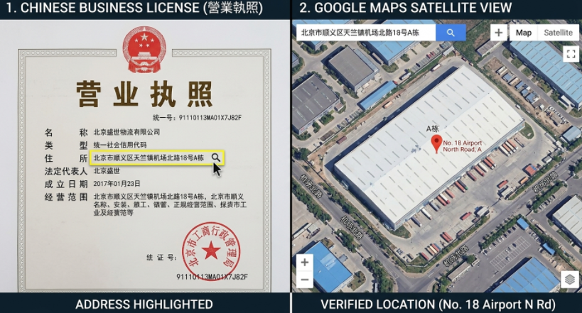 Cross-referencing a supplier's registered business address with satellite imagery to verify the existence of a physical factory.