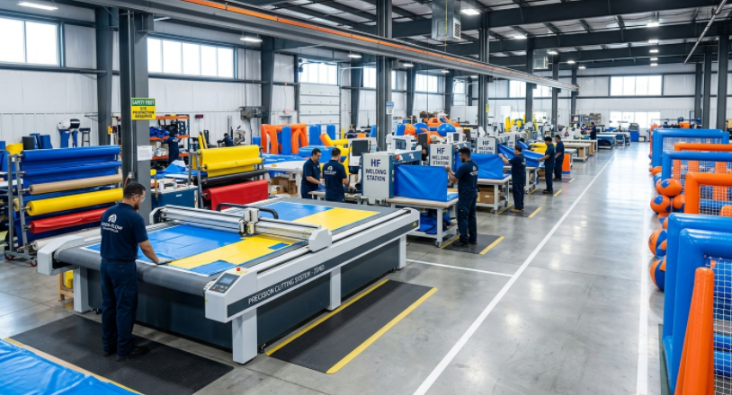 Interior of a professional inflatable wrestling mat factory showing specialized machinery and organized production lines.