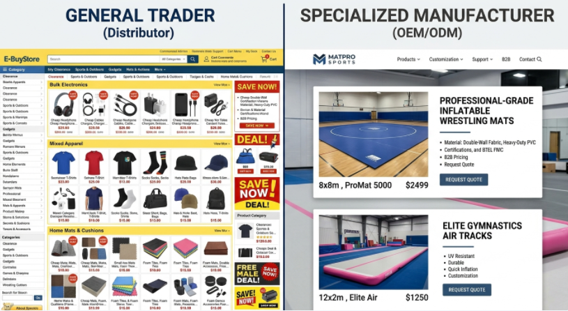 A visual comparison between a general trading company's wide-ranging product list and a specialized manufacturer's focused sports equipment catalog