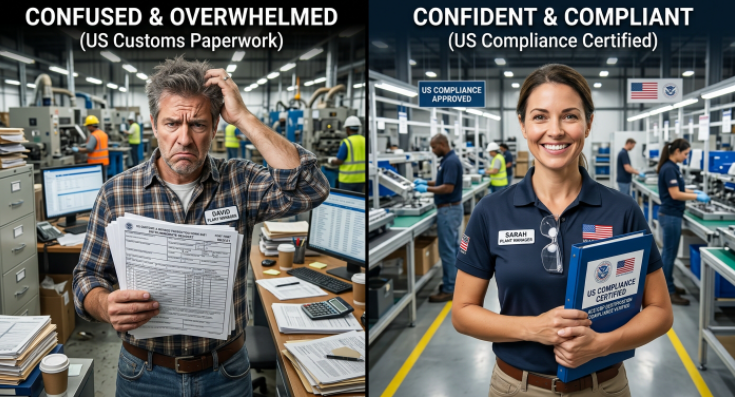 Comparison between an inexperienced supplier struggling with US paperwork and an experienced supplier handling compliance with ease.