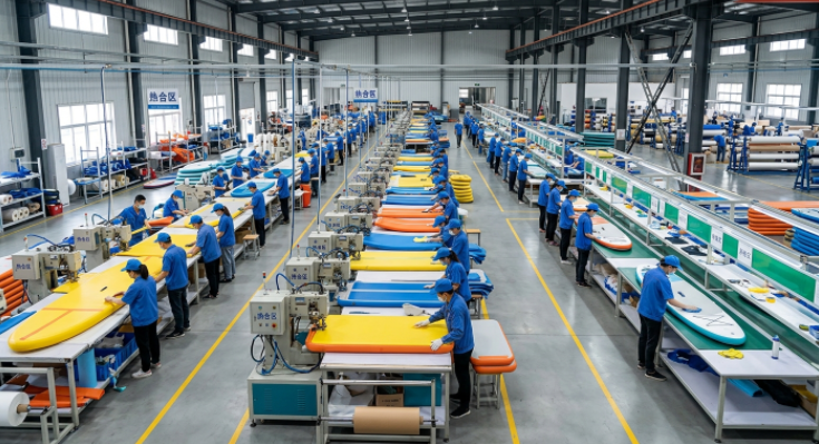 Well-organized Chinese factory floor showing workers manufacturing inflatable wrestling mats