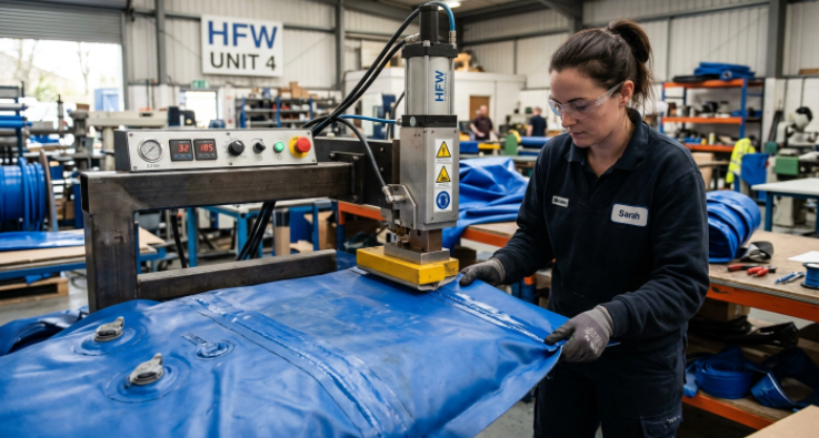 Automated high-frequency welding machine sealing an inflatable gymnastics mat.