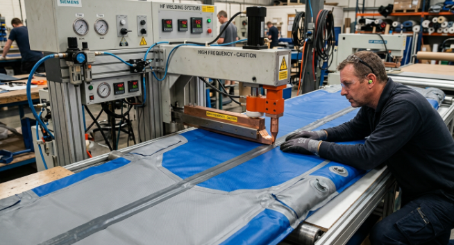 High-frequency heat welding process to prevent air leaks in inflatable sports mats