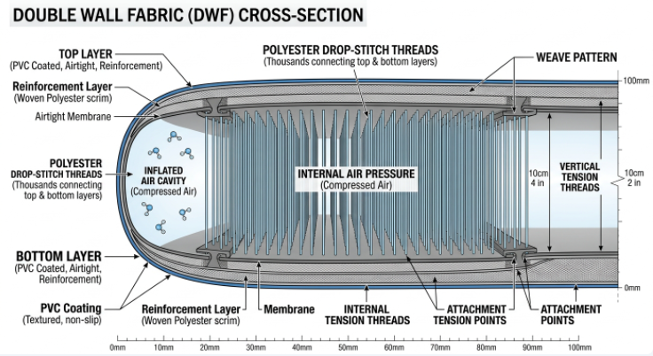 Cross-section of Double Wall Fabric (DWF) drop-stitch material used in Air Tracks