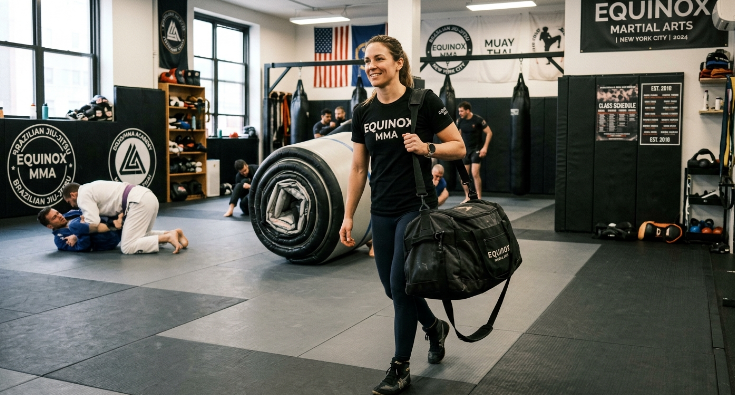 A gym owner demonstrating the portability of a lightweight, premium inflatable training mat