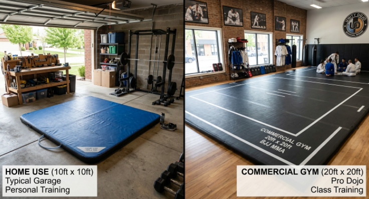 Comparison visual showing the best-selling 10x10ft inflatable mat for home garages versus the 20x20ft size for commercial MMA academies