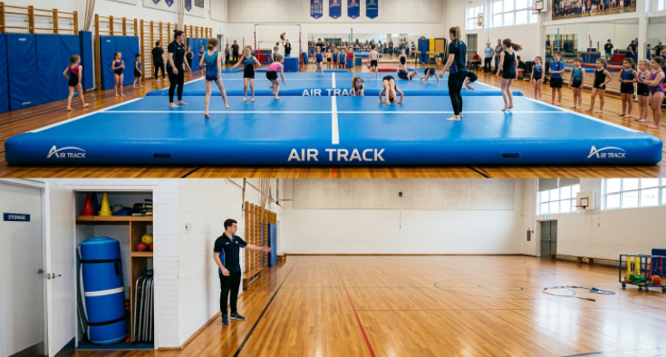 Demonstration of the rapid deflation and space-saving storage of inflatable gym mats
