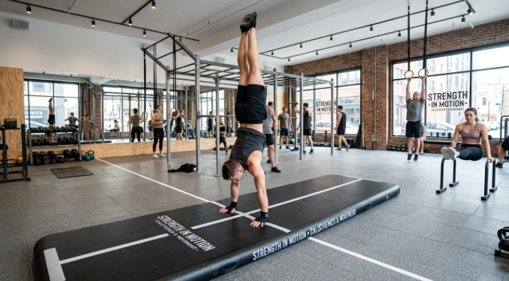 Athlete safely performing a handstand on a shock-absorbing commercial inflatable calisthenics mat