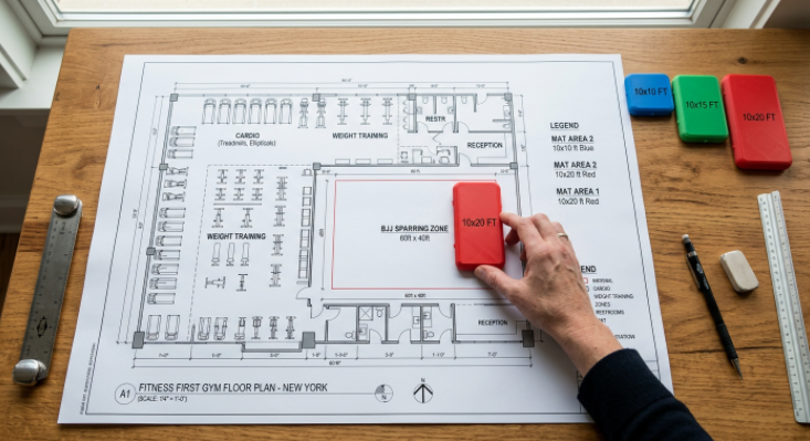 Planning a gym floor layout by placing different scale models of inflatable wrestling mats onto an architectural blueprint