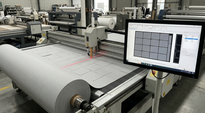 An automated factory machine precisely cutting standard-sized Double Wall Fabric to eliminate material waste in inflatable mat production