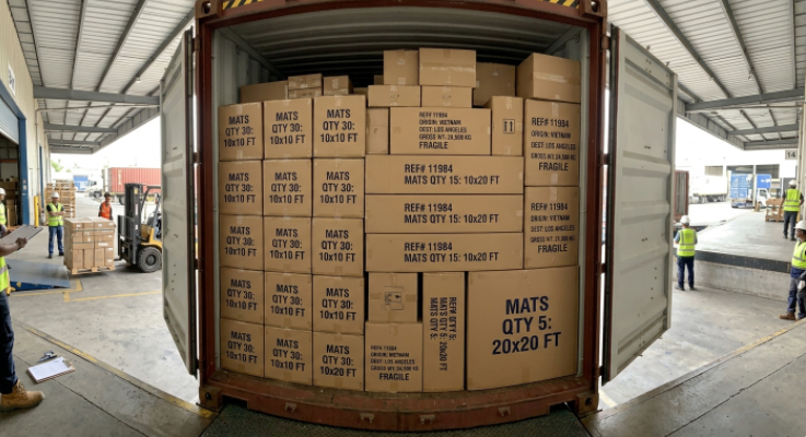 Inside view of a shipping container packed with a mixed wholesale order of different standard-sized inflatable wrestling mats from China