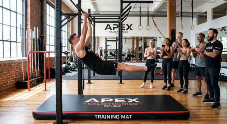 Happy gym members training on a custom-branded inflatable mat