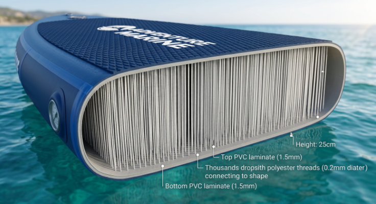 Internal Double Wall Fabric (DWF)Internal Double Wall Fabric (DWF) drop-stitch construction of a commercial-grade inflatable training mat