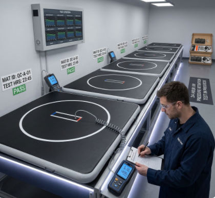 Factory quality control process for testing pressure retention on inflatable wrestling mats