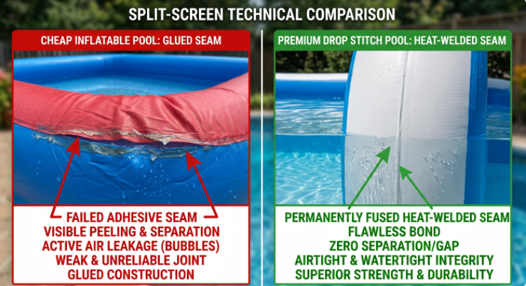 Glued seam blowout failure versus high frequency heat welded seam on drop stitch inflatable pool